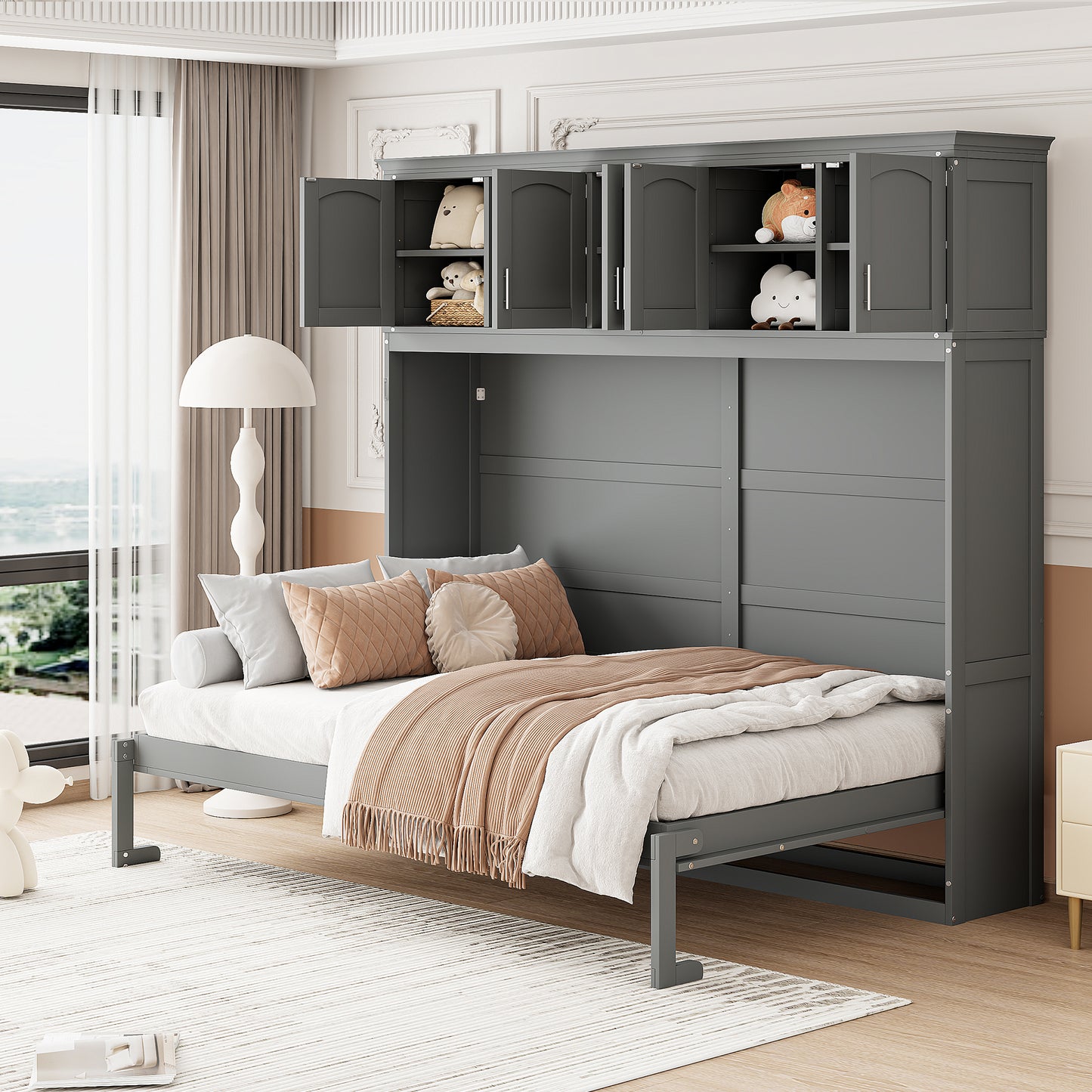 Queen Size Murphy Bed Wall Bed with Top Cabinets,Gray(OLD SKU :LP006665AAE)