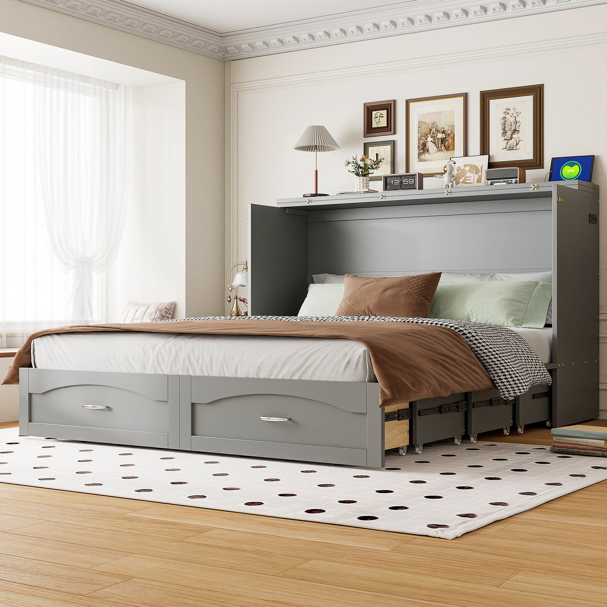 Queen Size Murphy Bed Wall Bed with drawer and a set of Sockets & USB Ports, Pulley Structure Design, Gray(OLD SKU: LP000671AAE-1)