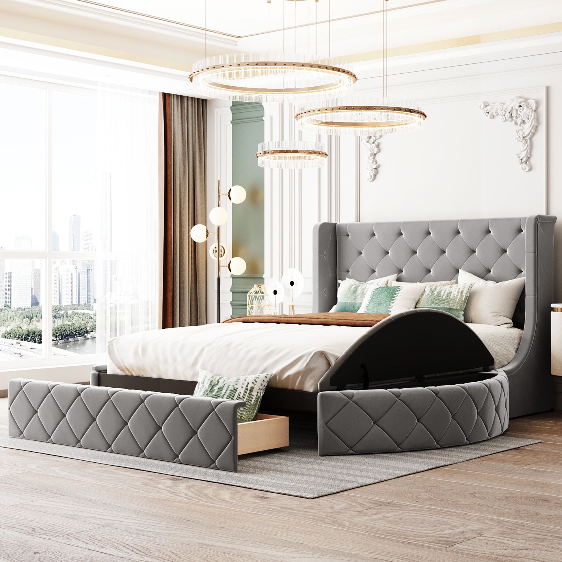Gray Upholstered Platform Bed Queen - Storage & Wingback Headboard