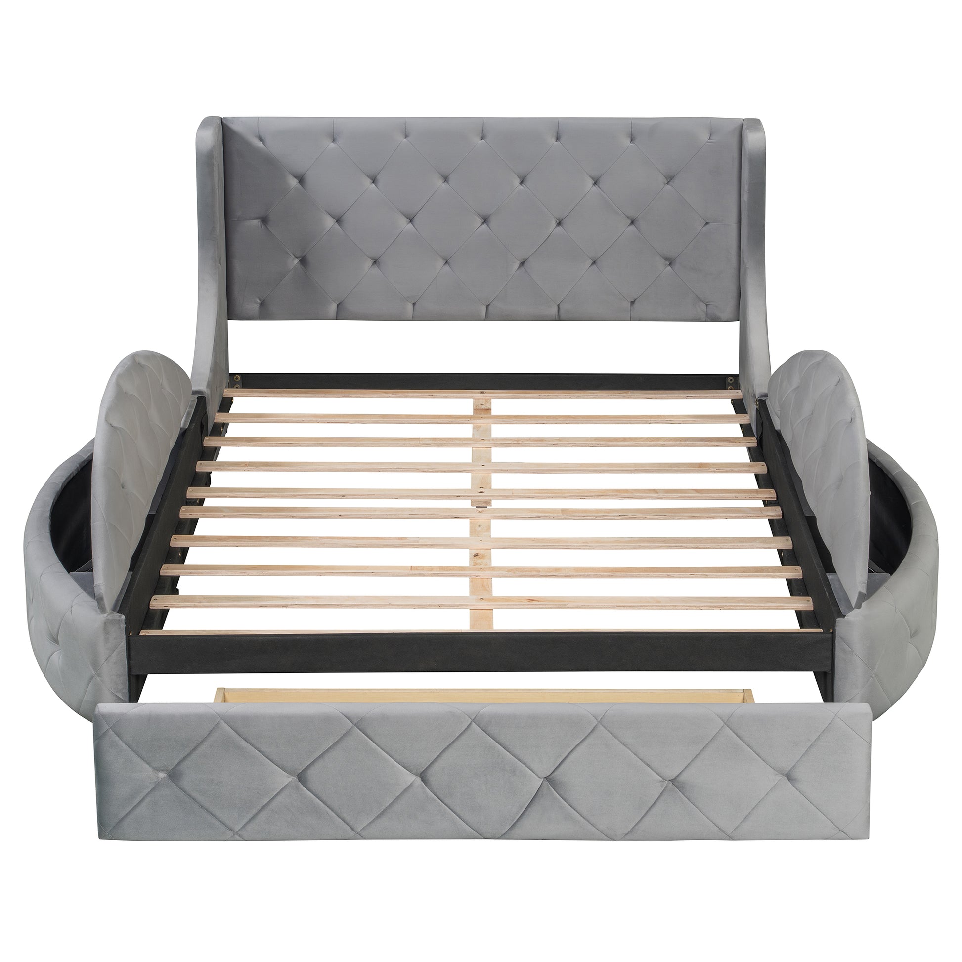 Gray Upholstered Platform Bed Queen - Storage & Wingback Headboard