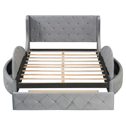 Gray Upholstered Platform Bed Queen - Storage & Wingback Headboard