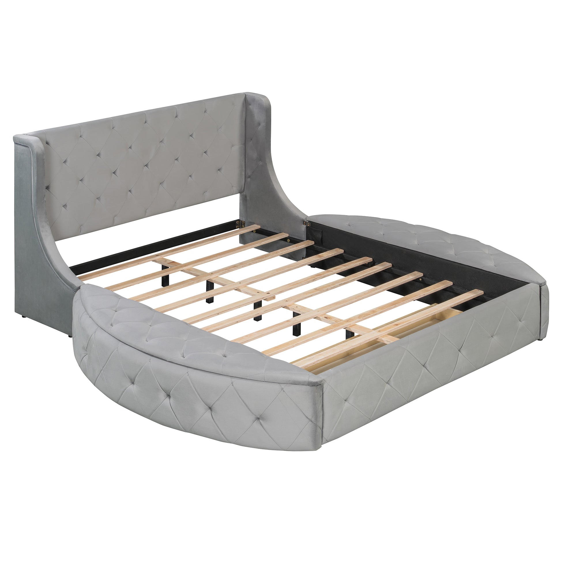 Gray Upholstered Platform Bed Queen - Storage & Wingback Headboard
