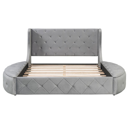 Gray Upholstered Platform Bed Queen - Storage & Wingback Headboard