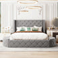 Upholstered Platform Bed Queen Size Storage Velvet Bed with Wingback Headboard and 1 Big Drawer,2 Side Storage Stool(Gray)(Old sku: LP100815AAE)