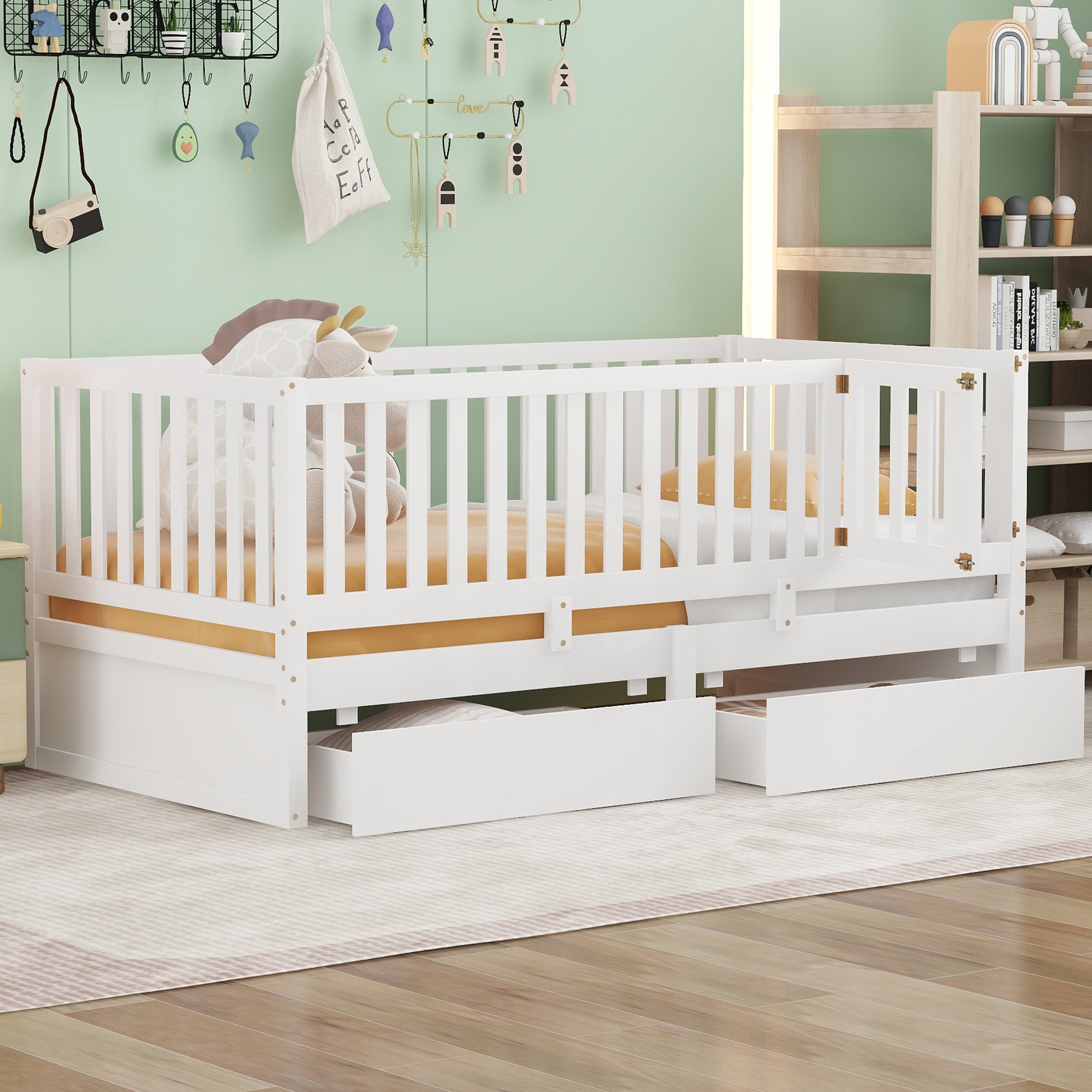 Twin Size Wood Daybed with Fence Guardrails and 2 Drawers, Split into Independent Floor Bed & Daybed, White(OLD SKU :LP100881AAK)