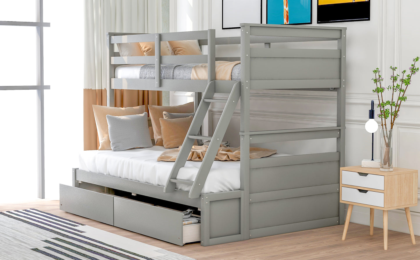Twin Over Full Bunk Bed with Storage - Gray for Bedroom