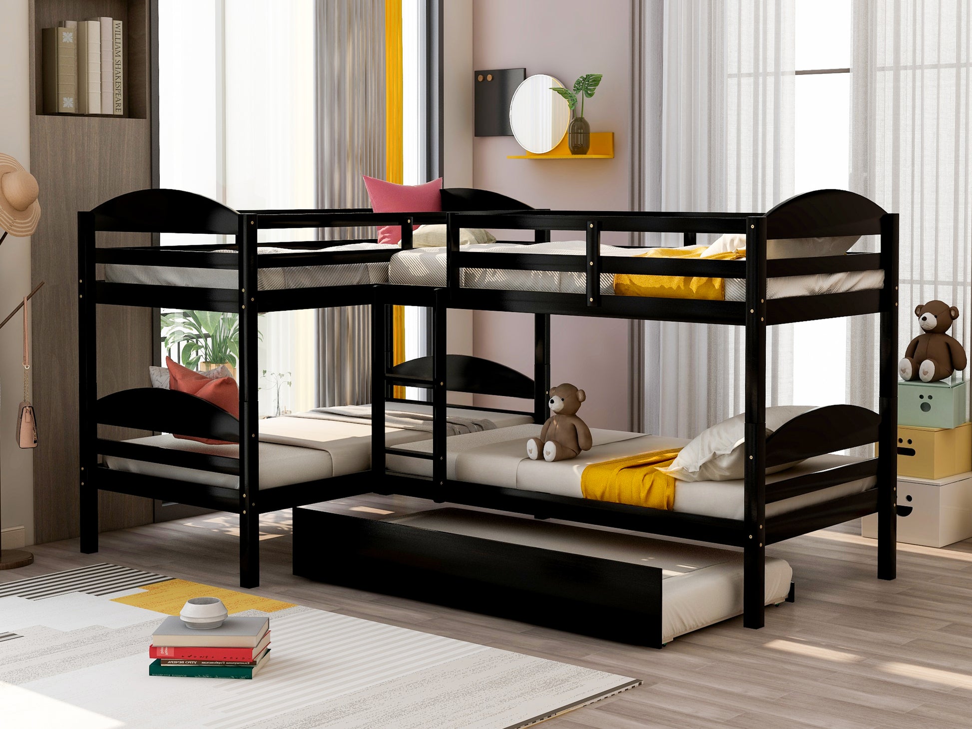 Twin L-Shaped Bunk bed with Trundle-Espresso{OLD SKU:LT000024AAP}