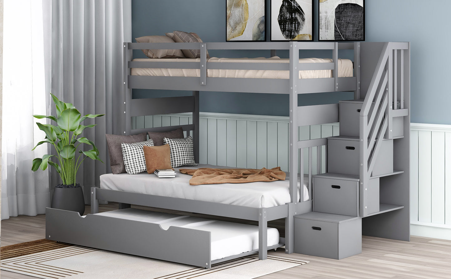 Twin Over Full Bunk Bed with Trundle - Gray Solid Wood for Bedroom