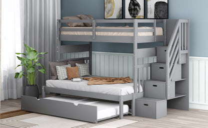 Twin Over Full Bunk Bed with Trundle - Gray Solid Wood for Bedroom