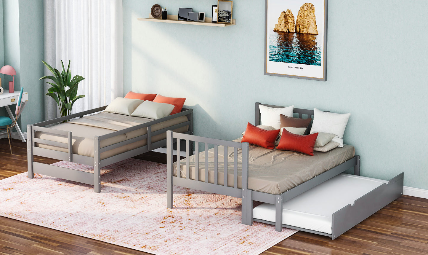 Twin Over Full Bunk Bed with Trundle - Gray Solid Wood for Bedroom