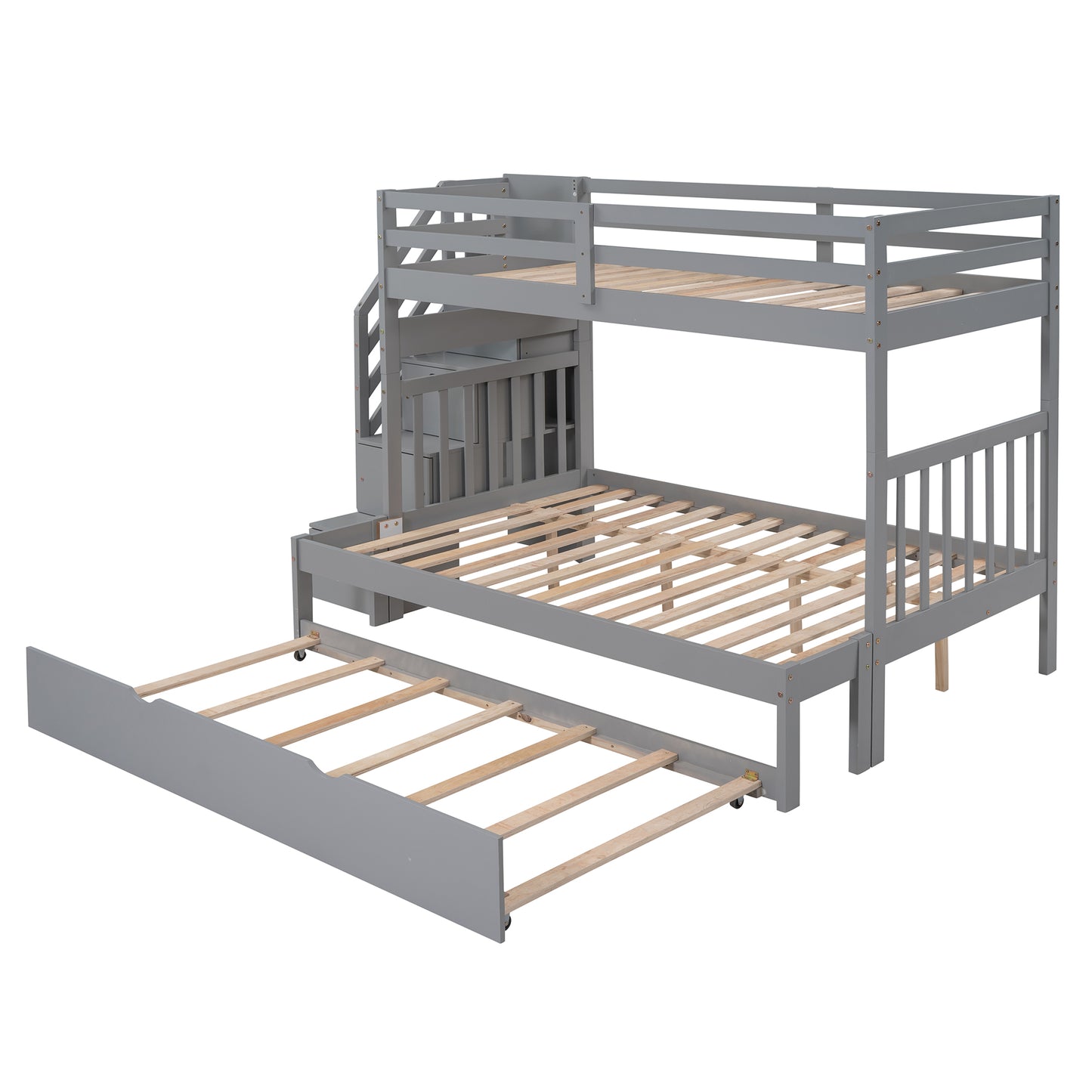 Twin Over Full Bunk Bed with Trundle - Gray Solid Wood for Bedroom