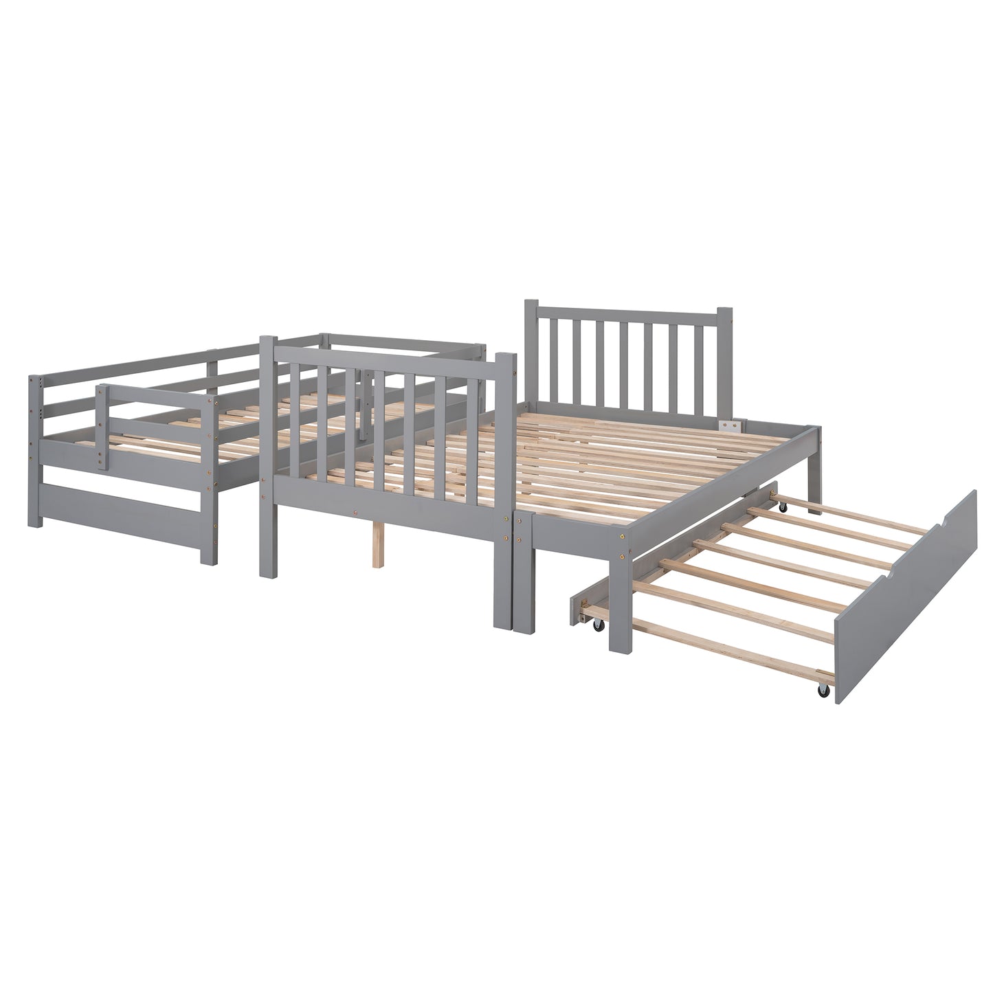 Twin Over Full Bunk Bed with Trundle - Gray Solid Wood for Bedroom