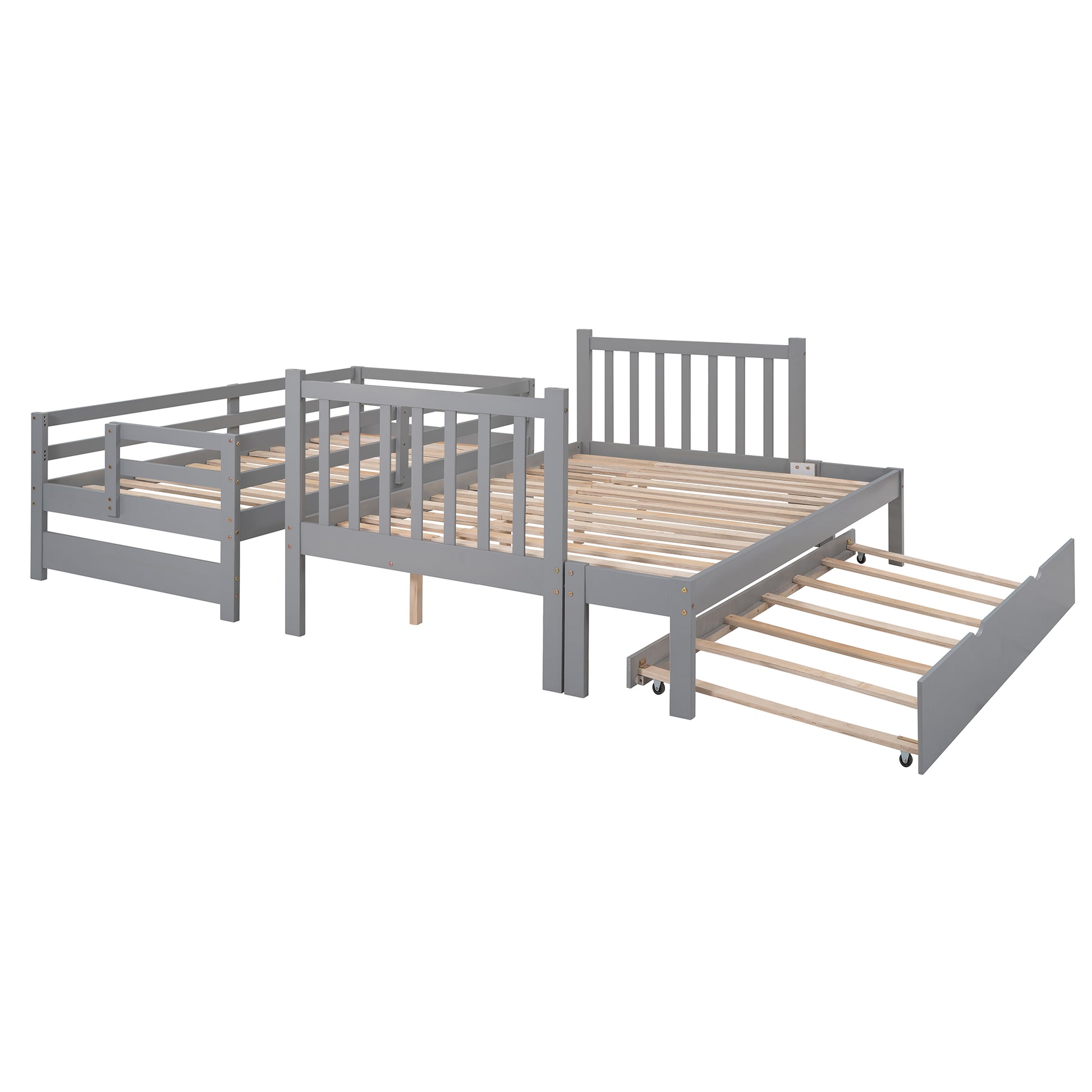 Twin Over Full Bunk Bed with Trundle - Gray Solid Wood for Bedroom