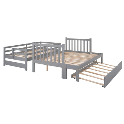Twin Over Full Bunk Bed with Trundle - Gray Solid Wood for Bedroom