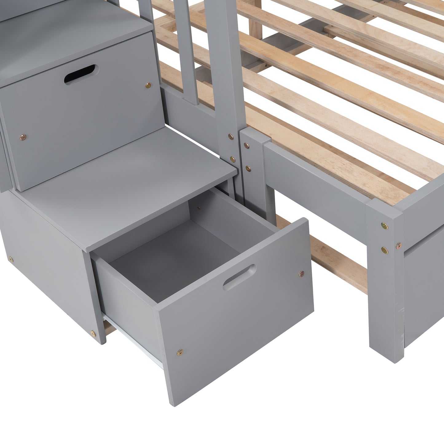 Twin Over Full Bunk Bed with Trundle - Gray Solid Wood for Bedroom