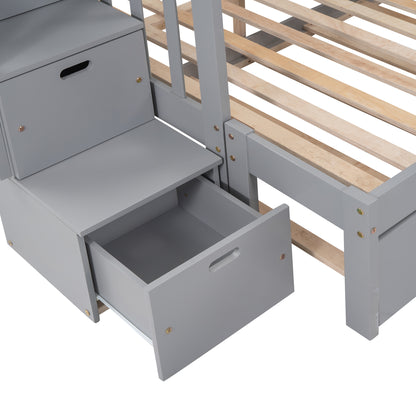 Twin Over Full Bunk Bed with Trundle - Gray Solid Wood for Bedroom