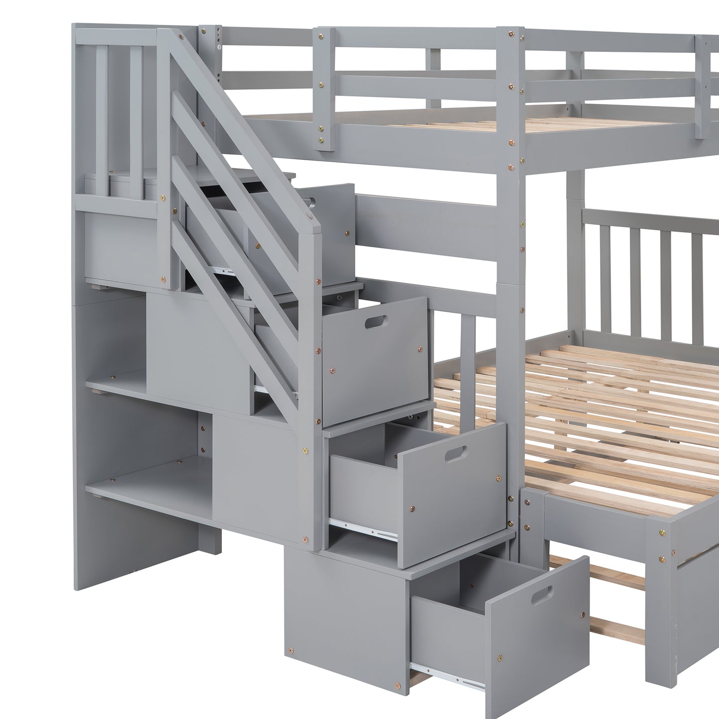 Twin Over Full Bunk Bed with Trundle - Gray Solid Wood for Bedroom