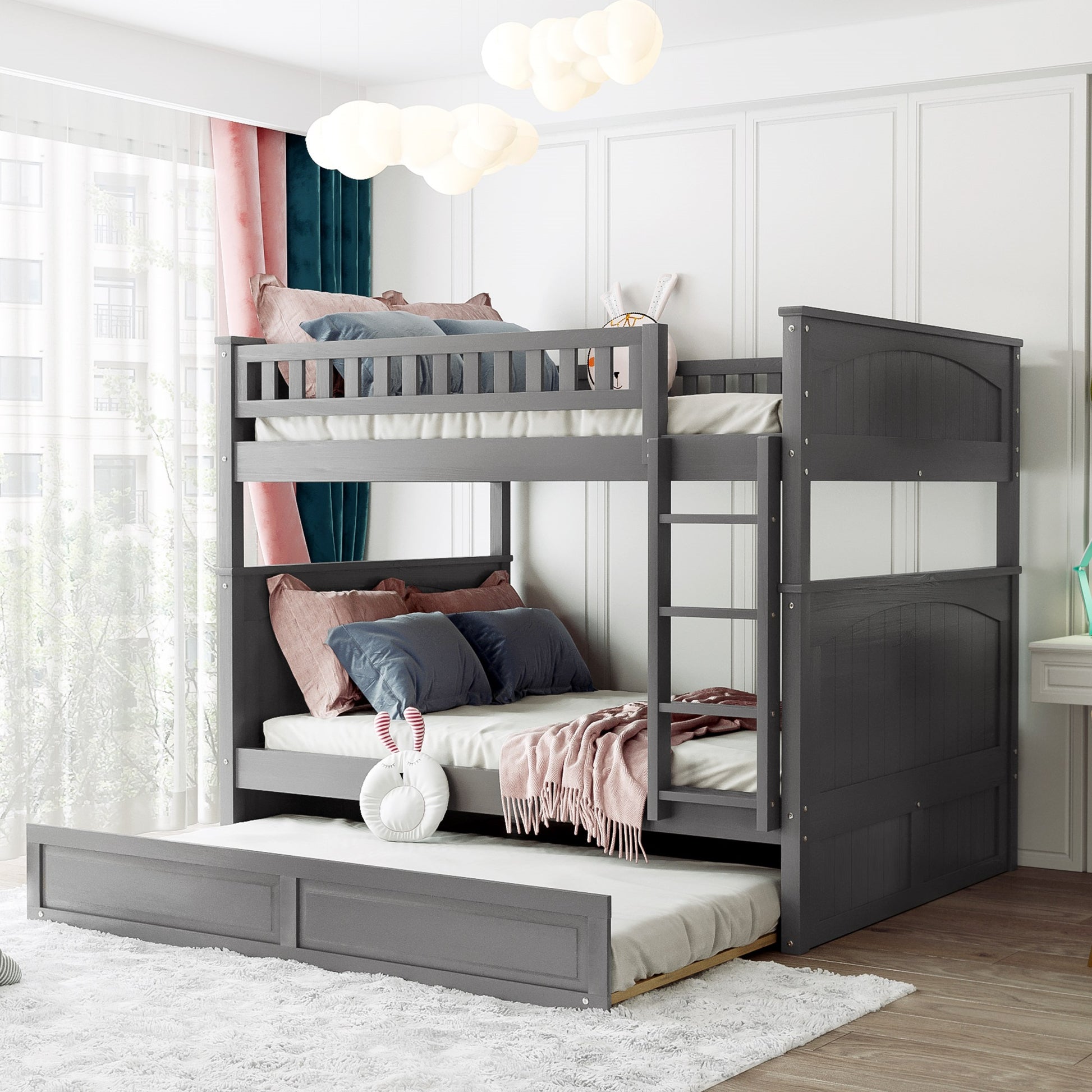Full Over Full Bunk Bed with Twin Size Trundle, Pine Wood Bunk Bed with Guardrails, Brushed Gray(Old SKU：LP000044AAN)