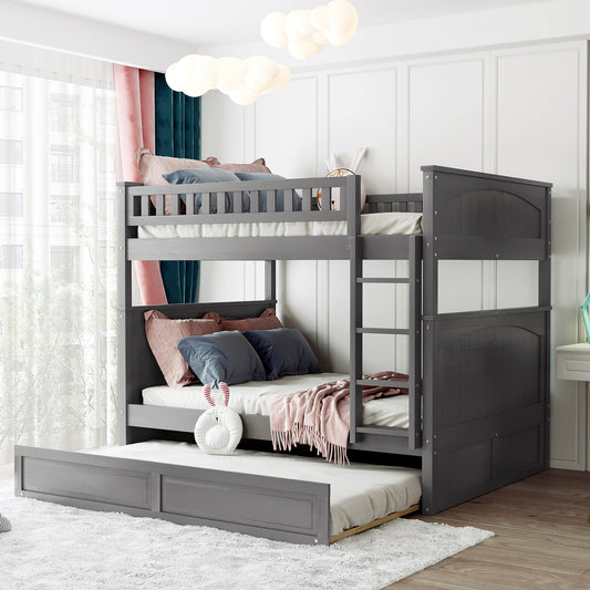 Full Over Full Bunk Bed with Twin Size Trundle, Pine Wood Bunk Bed with Guardrails, Brushed Gray(Old SKU：LP000044AAN)