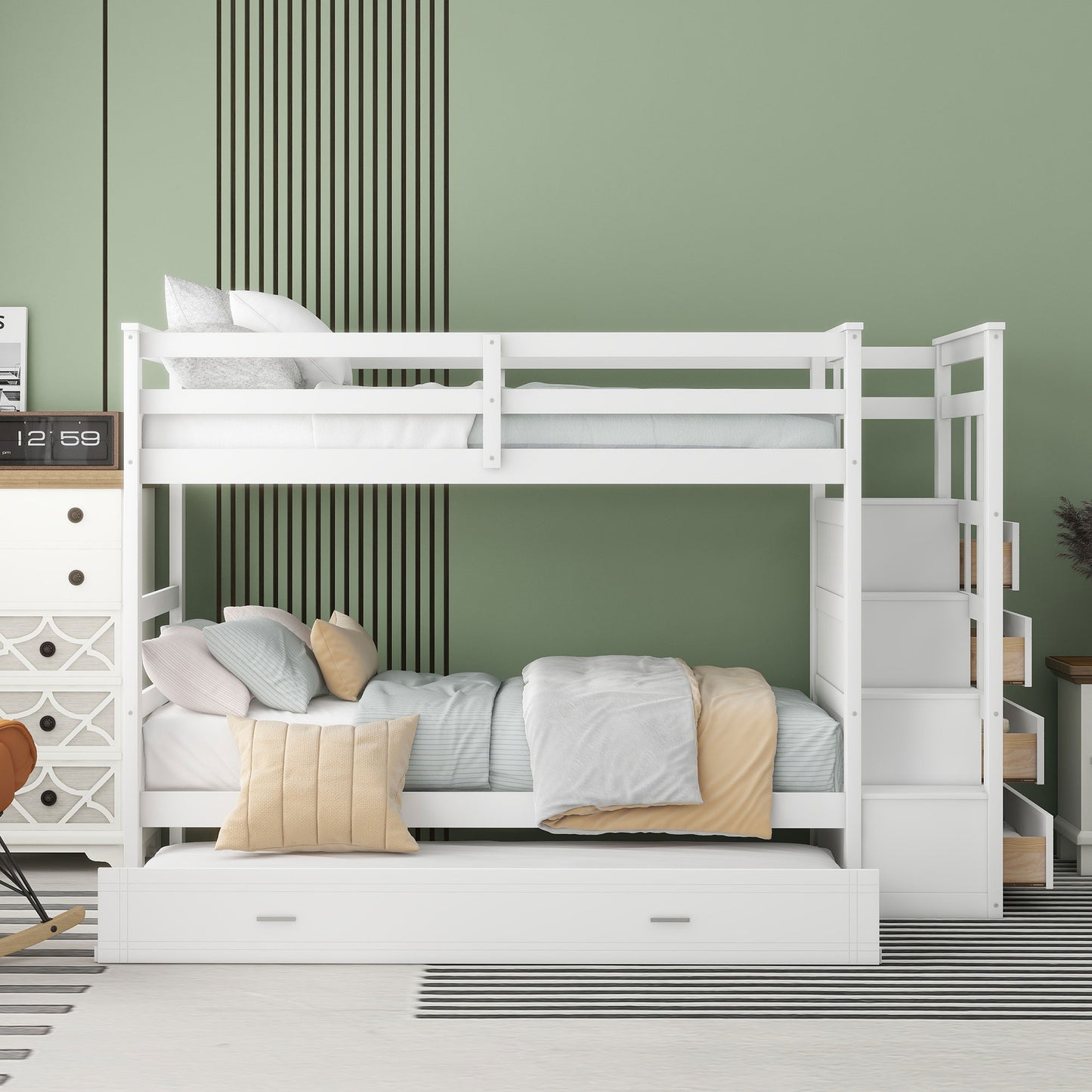 Twin Over Twin Bunk Bed White Solid Wood for Bedroom