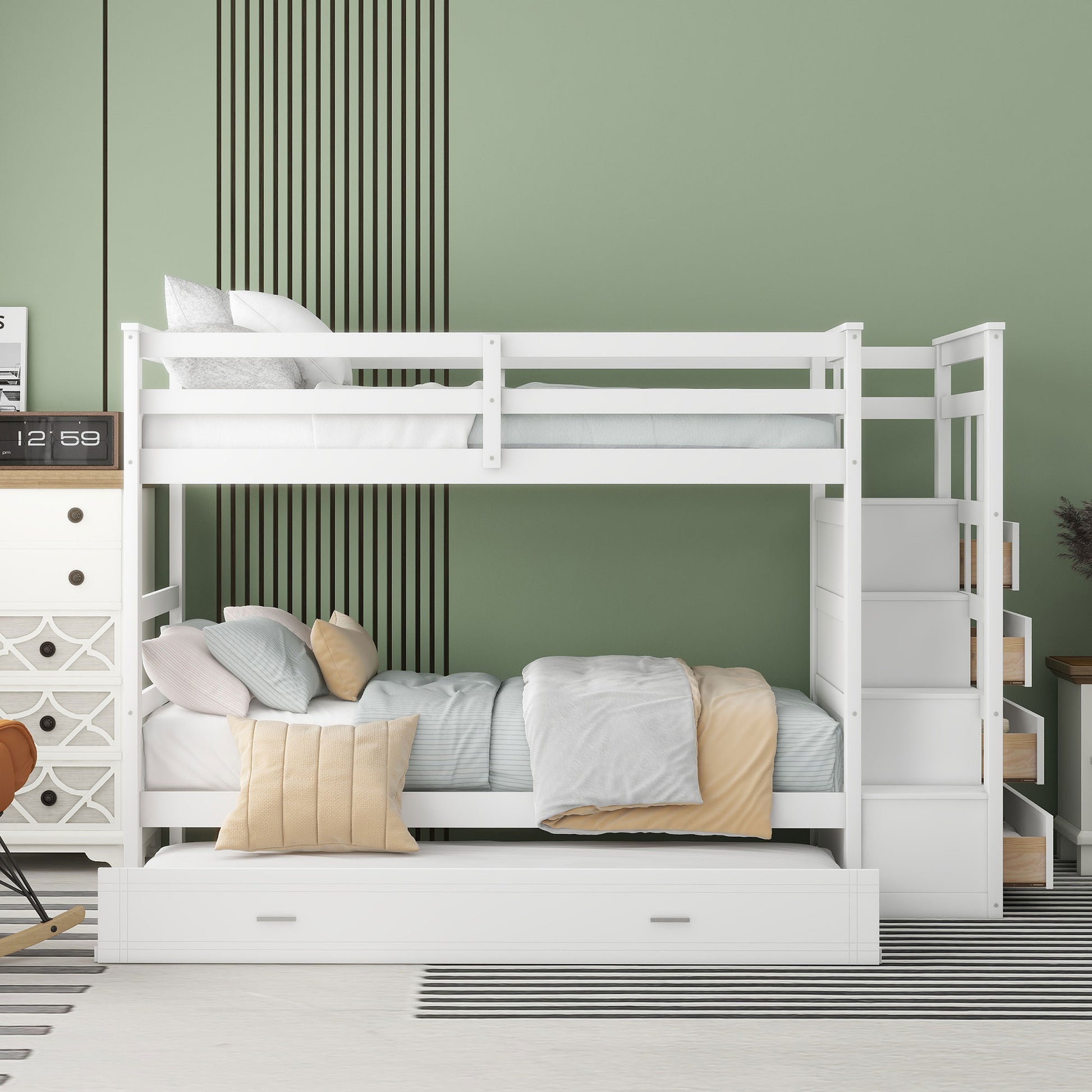 Twin Over Twin Bunk Bed White Solid Wood for Bedroom