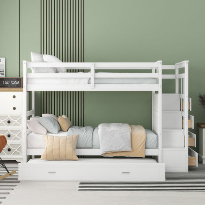 Twin Over Twin Bunk Bed White Solid Wood for Bedroom