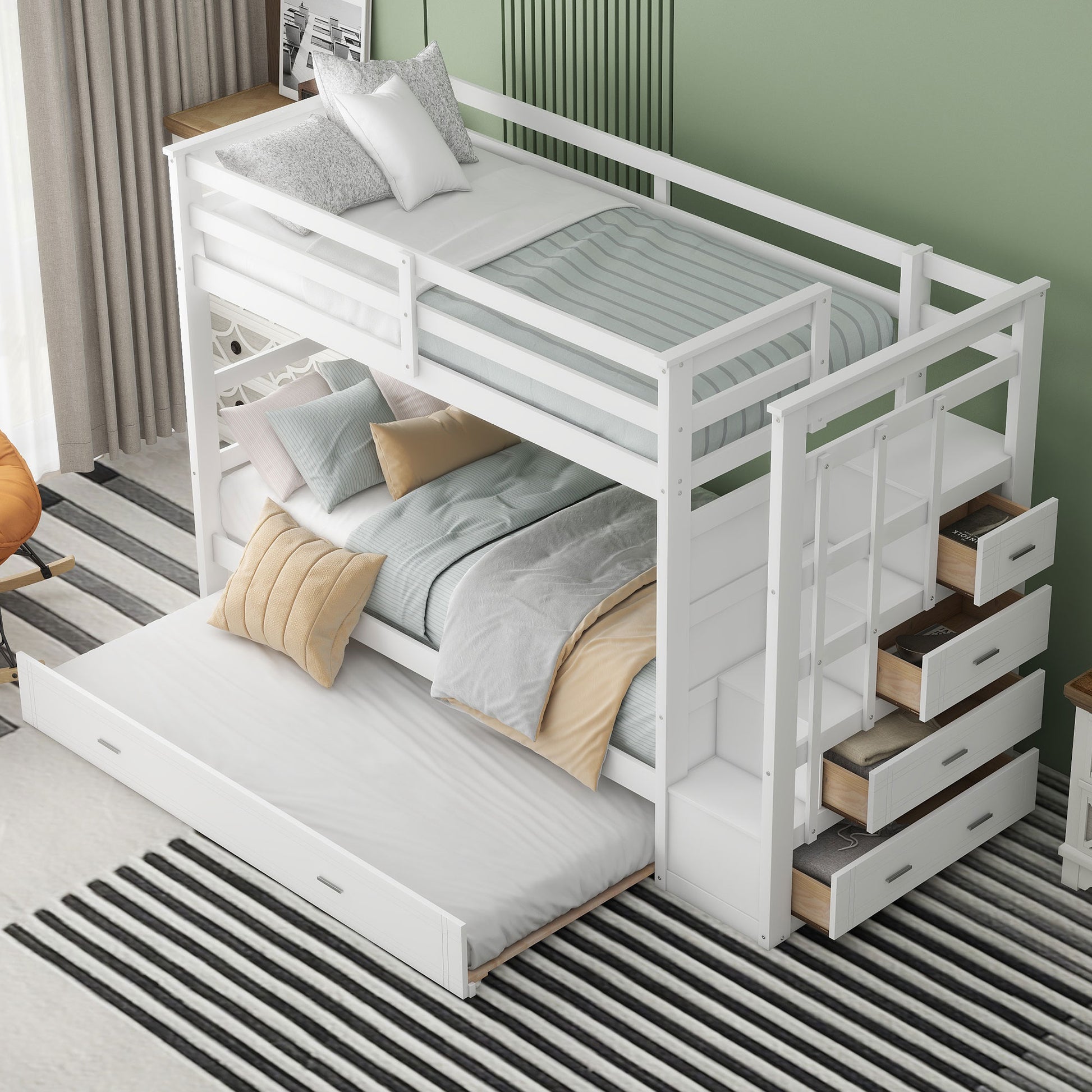 Twin Over Twin Bunk Bed White Solid Wood for Bedroom