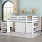 Low Study Full Loft Bed with Cabinet ,Shelves and Rolling Portable Desk ,Multiple Functions Bed- White(OLD SKU:LT000313AAK)