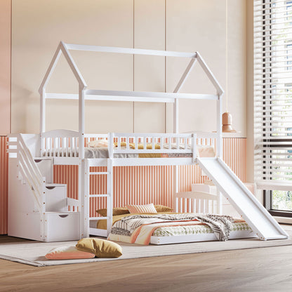 Twin Over Full Bunk Bed with Slide, House Bed with Slide, White