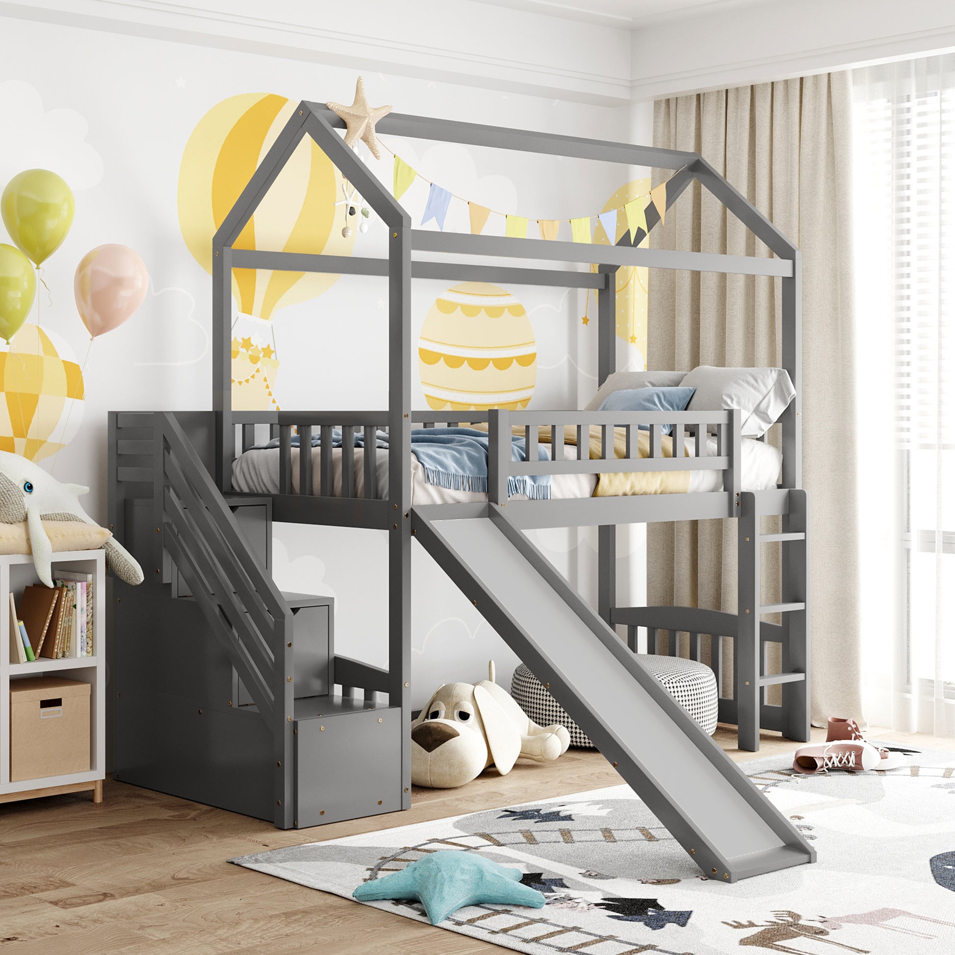 Twin Loft Bed with Two Drawers and Slide, House Bed with Slide, Gray (Old SKU: LT000130AAE)