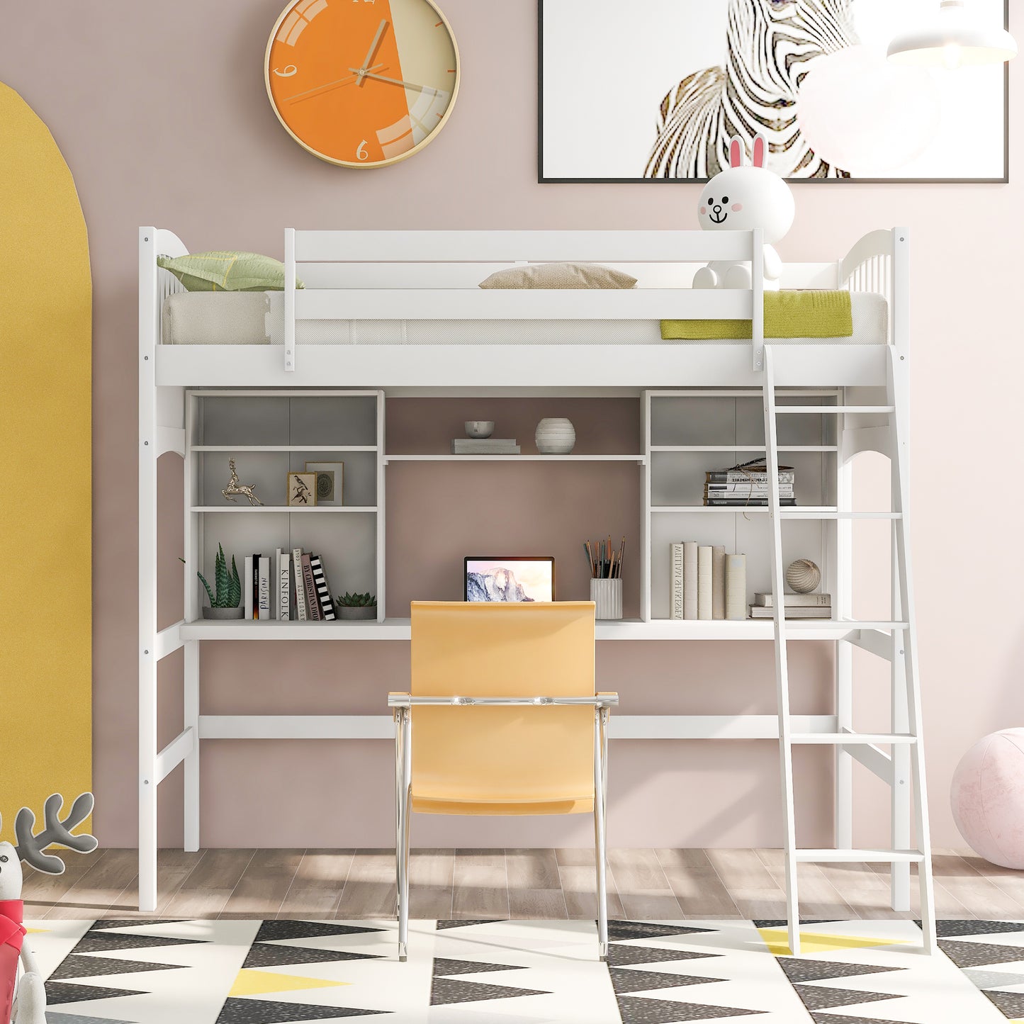 Twin Size Loft Bed with Storage Shelves White Solid Wood for Bedroom