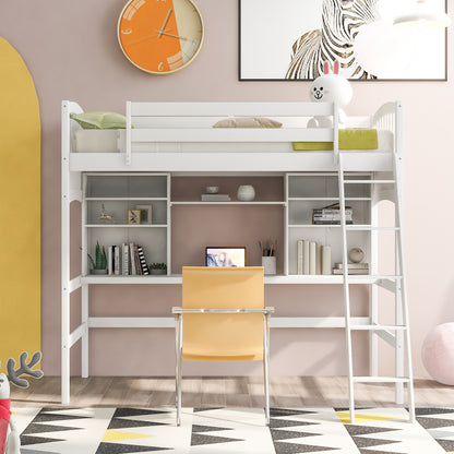 Twin Size Loft Bed with Storage Shelves White Solid Wood for Bedroom