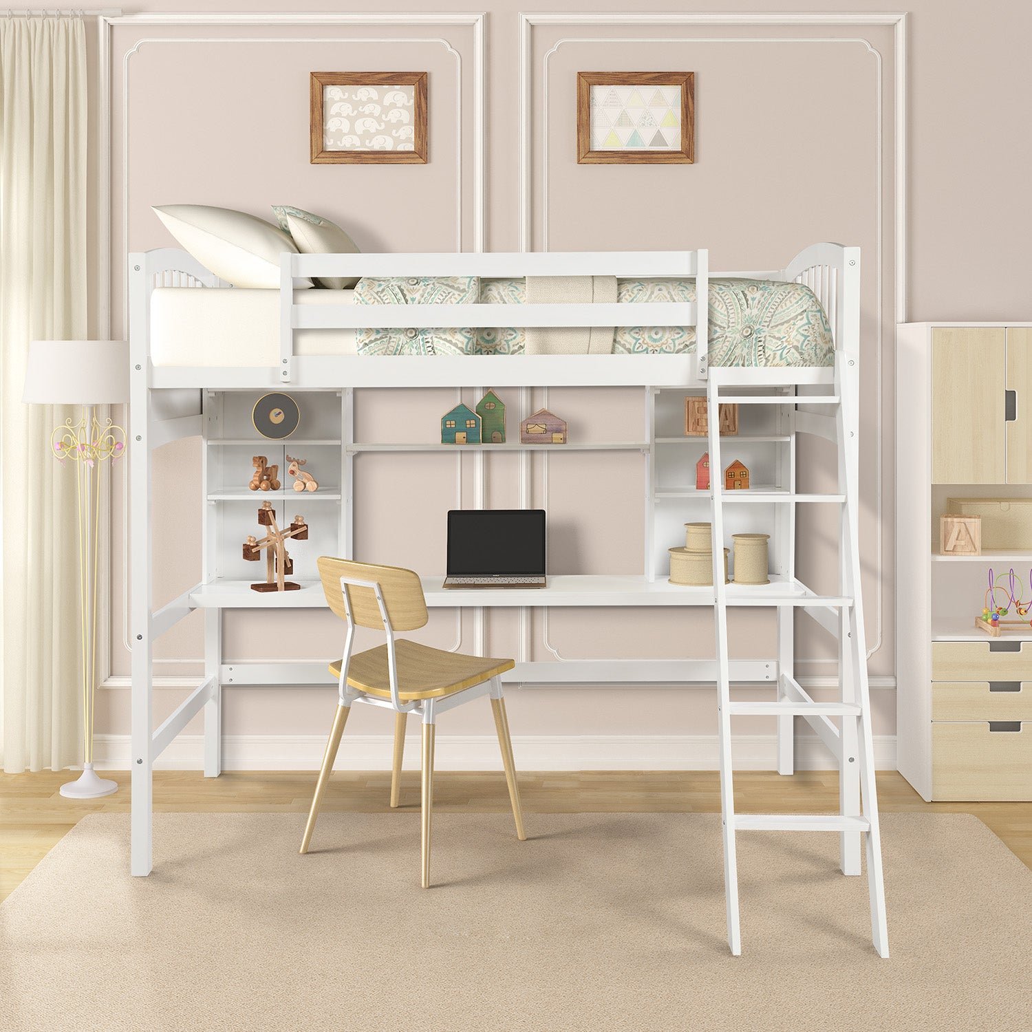 Twin Size Loft Bed with Storage Shelves White Solid Wood for Bedroom