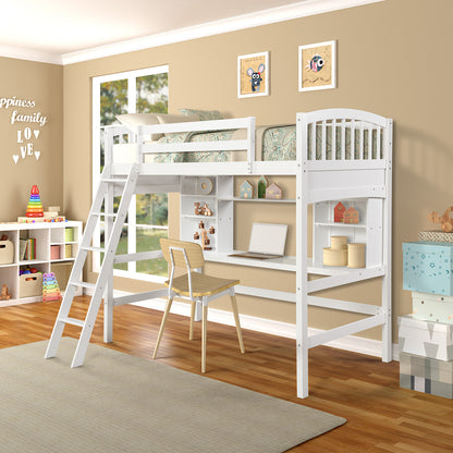 Twin Size Loft Bed with Storage Shelves White Solid Wood for Bedroom