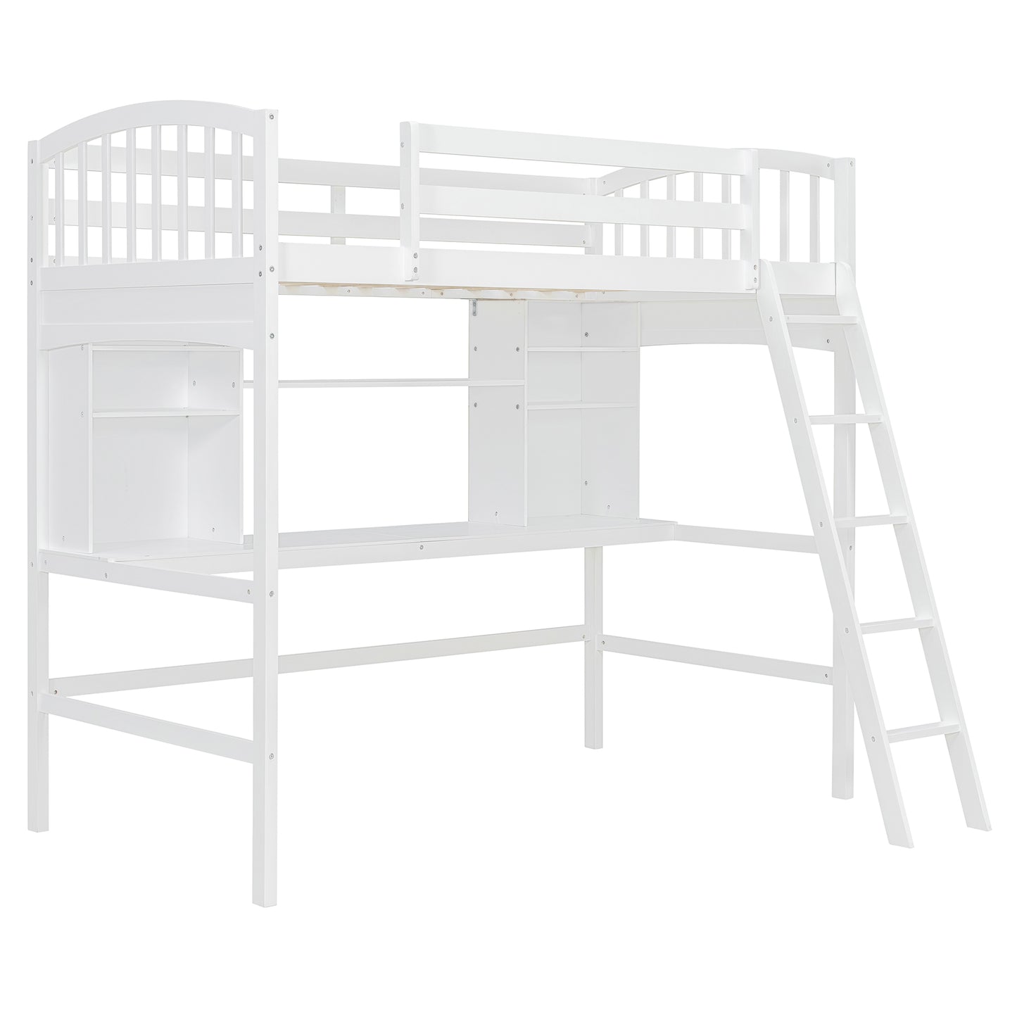 Twin Size Loft Bed with Storage Shelves White Solid Wood for Bedroom