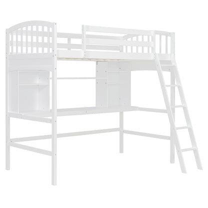 Twin Size Loft Bed with Storage Shelves White Solid Wood for Bedroom