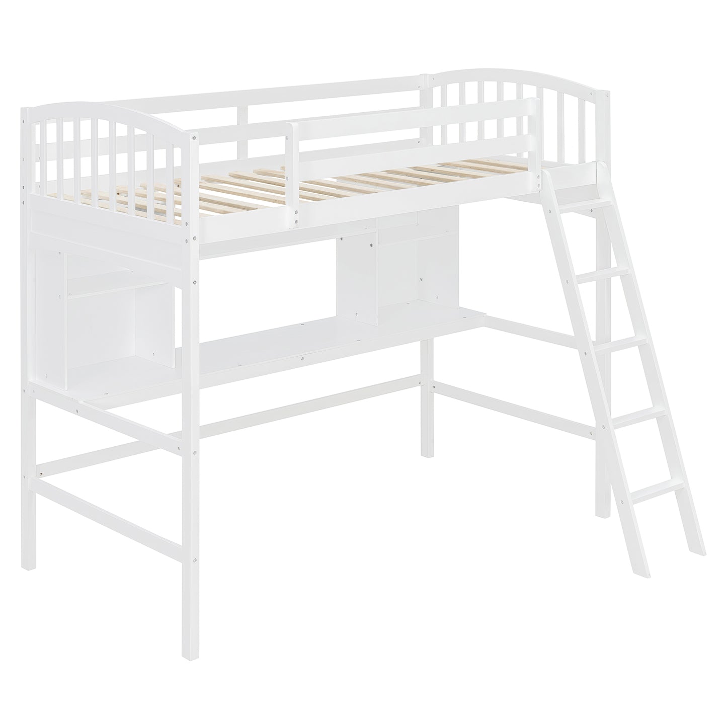 Twin Size Loft Bed with Storage Shelves White Solid Wood for Bedroom