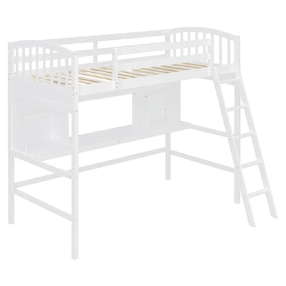 Twin Size Loft Bed with Storage Shelves White Solid Wood for Bedroom