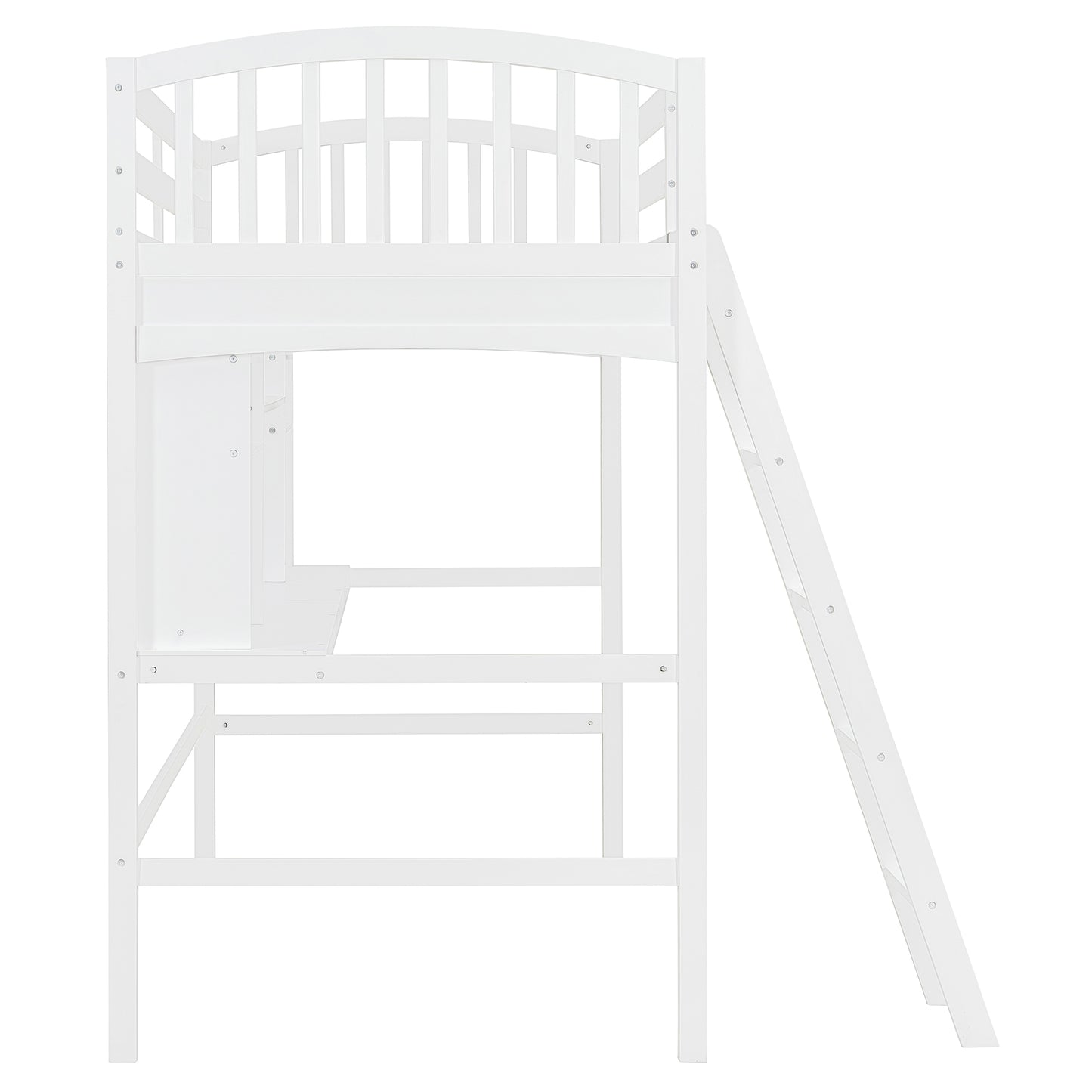 Twin Size Loft Bed with Storage Shelves White Solid Wood for Bedroom
