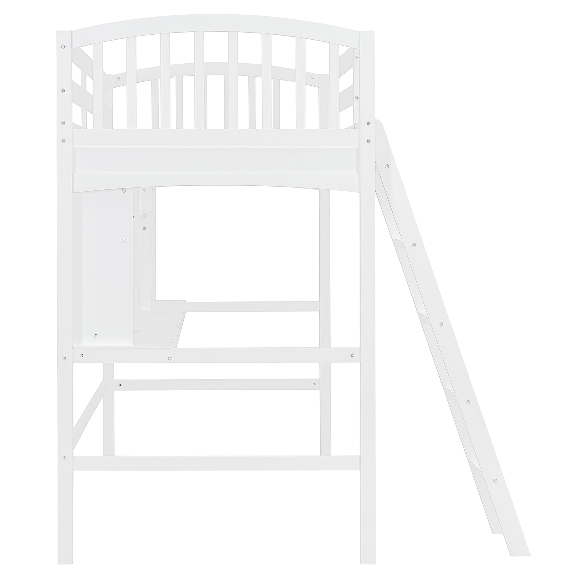 Twin Size Loft Bed with Storage Shelves White Solid Wood for Bedroom