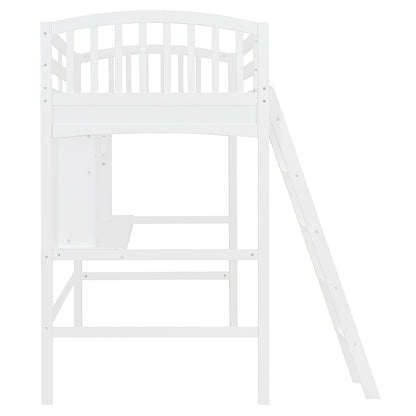 Twin Size Loft Bed with Storage Shelves White Solid Wood for Bedroom