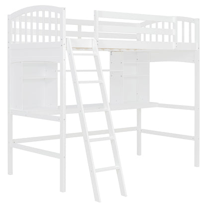 Twin Size Loft Bed with Storage Shelves White Solid Wood for Bedroom