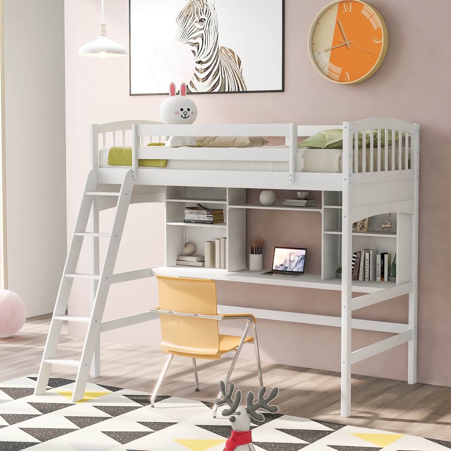 Twin size Loft Bed with Storage Shelves, Desk and Ladder, White(OLD SKU: LT000140KAA)