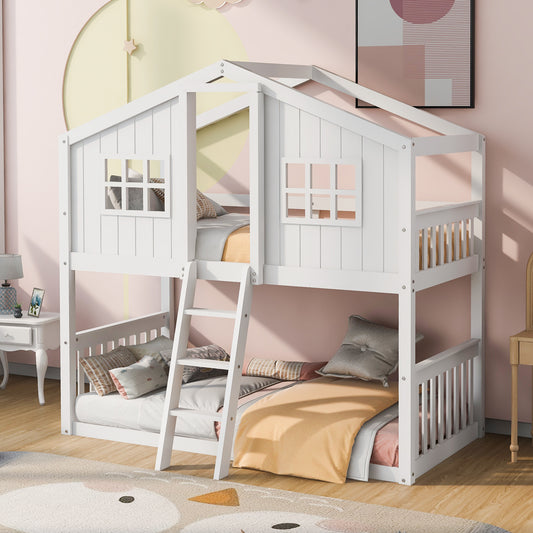 Twin Over Twin House Bunk Bed With Ladder, Wood Bed-White(OLD SKU:LT000184AAK)