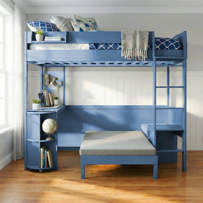 Full Size Wood Loft Bed with Desk, Bedside Storage Shelf, Sofa and Light, Navy Blue