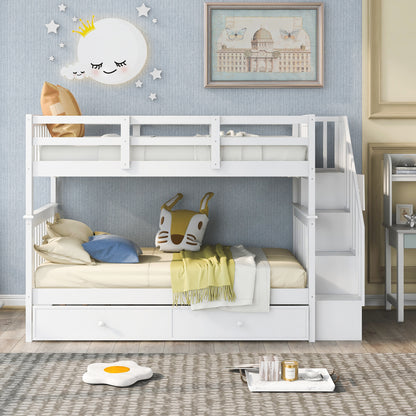 Stairway Bunk Bed - Twin Over Twin with Trundle, White Solid Wood