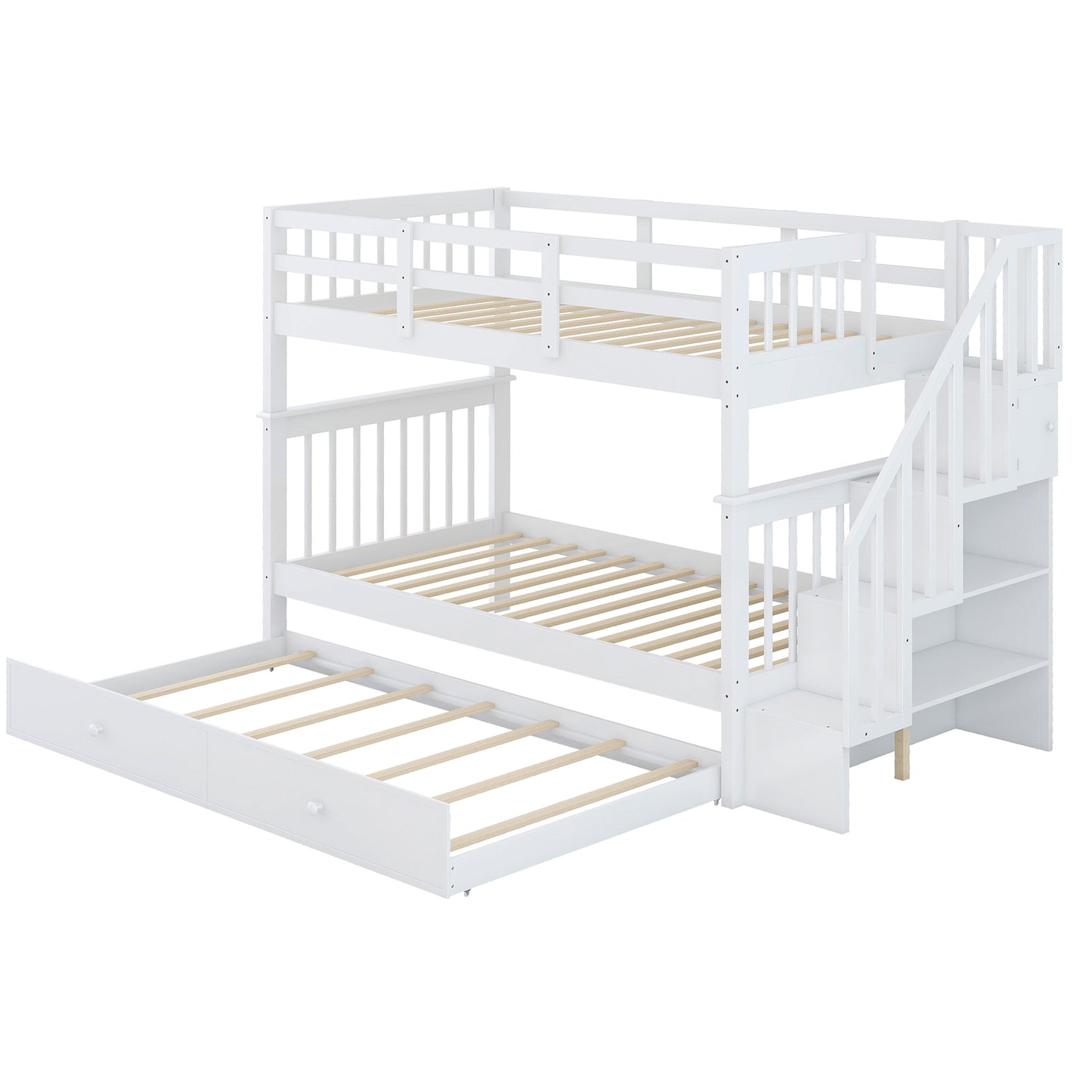 Stairway Bunk Bed - Twin Over Twin with Trundle, White Solid Wood