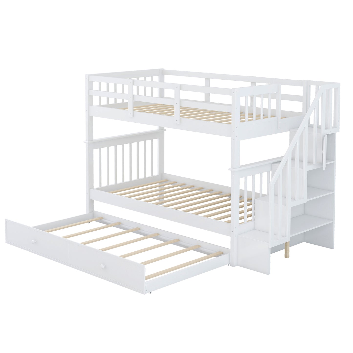 Stairway Bunk Bed - Twin Over Twin with Trundle, White Solid Wood