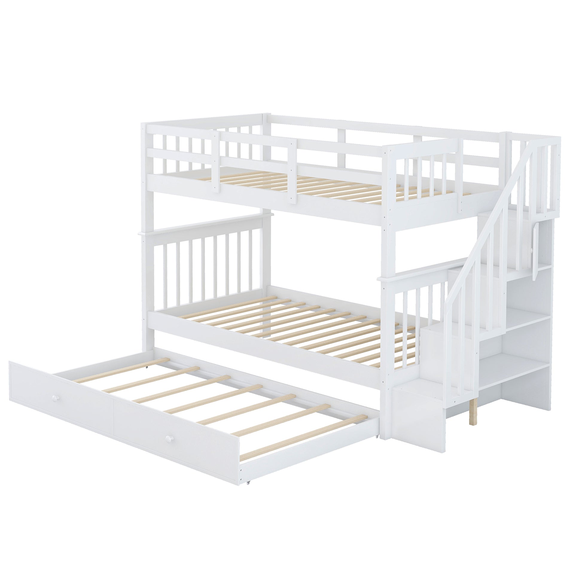 Stairway Bunk Bed - Twin Over Twin with Trundle, White Solid Wood