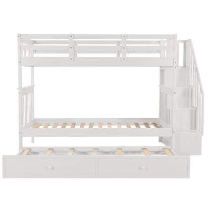 Stairway Bunk Bed - Twin Over Twin with Trundle, White Solid Wood
